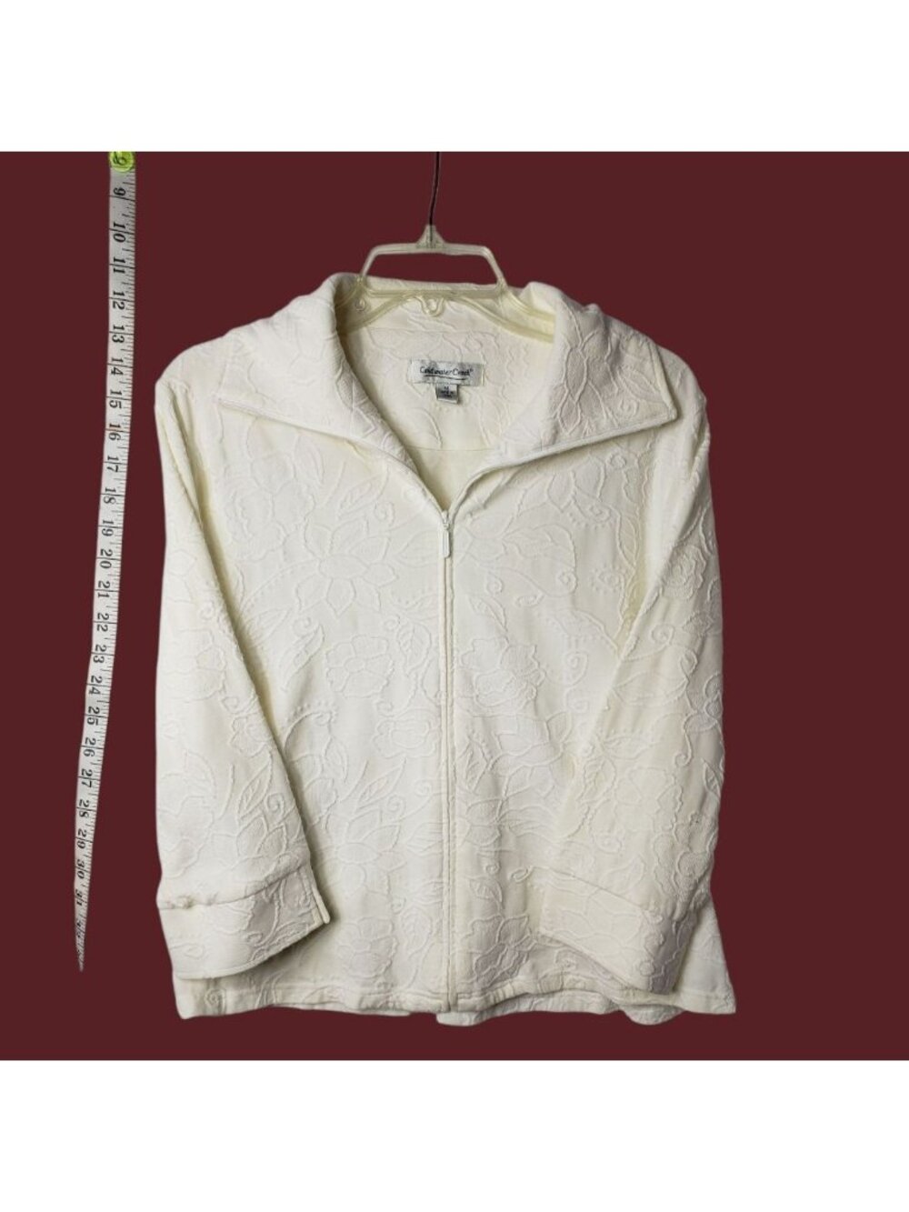 Coldwater Creek Womens Textured Floral Zip-Up Jacket Cream  Medium